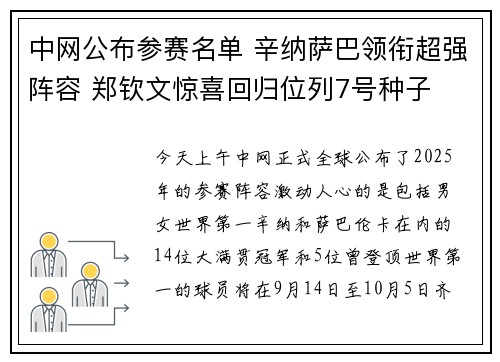 中网公布参赛名单 辛纳萨巴领衔超强阵容 郑钦文惊喜回归位列7号种子